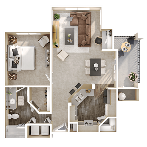 a 3d floor plan of a bedroom and living room